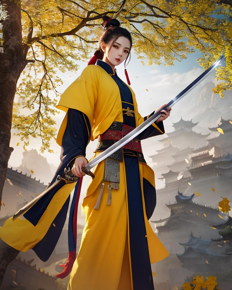 00357-2122797473-best quality, masterpiece, highres,holding sword,chinese clothes,yellow Taoist robes,beautiful face,ginkgo trees,.png